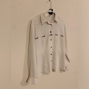 Azzaro blouse sz L cream, leopard/rhinestone accents